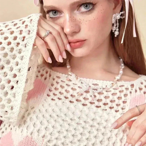 White Boho Womens Heart Pattern Drop Shoulder Open Knit Sweater - Picture 5 of 5